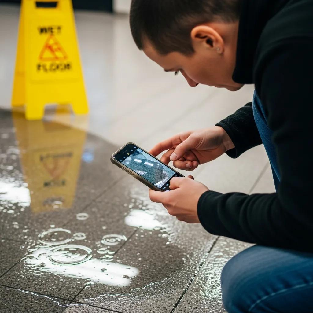 Individual documenting slip and fall evidence with smartphone, emphasizing evidence collection